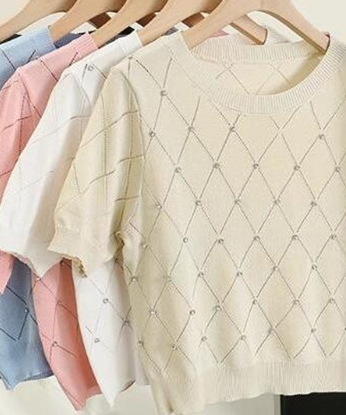 shoppinggo（ショッピングゴー）の「ラインストーン付 ニット メッシュ 半袖 ニット トップス（Tシャツ/カットソー・レディース・ブラック/ブルー/ベージュ/ピンク/ホワイト・FREE）」の14枚目の写真