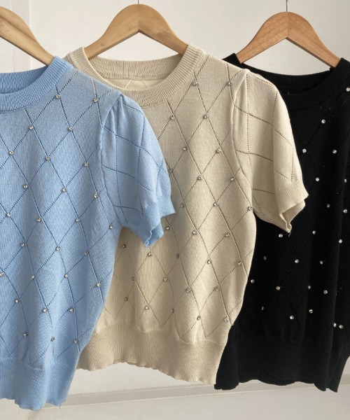 shoppinggo（ショッピングゴー）の「ラインストーン付 ニット メッシュ 半袖 ニット トップス（Tシャツ/カットソー・レディース・ブラック/ブルー/ベージュ/ピンク/ホワイト・FREE）」の15枚目の写真
