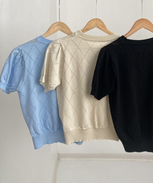 shoppinggo（ショッピングゴー）の「ラインストーン付 ニット メッシュ 半袖 ニット トップス（Tシャツ/カットソー・レディース・ブラック/ブルー/ベージュ/ピンク/ホワイト・FREE）」の16枚目の写真