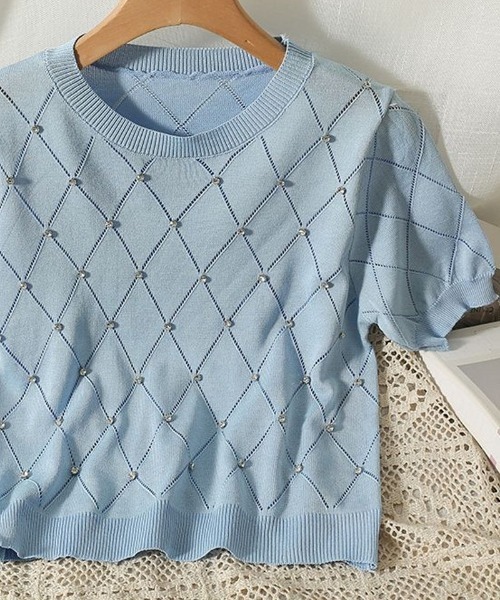 shoppinggo（ショッピングゴー）の「ラインストーン付 ニット メッシュ 半袖 ニット トップス（Tシャツ/カットソー・レディース・ブラック/ブルー/ベージュ/ピンク/ホワイト・FREE）」の17枚目の写真
