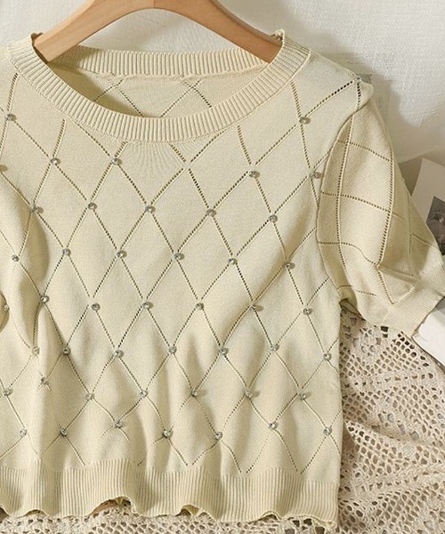 shoppinggo（ショッピングゴー）の「ラインストーン付 ニット メッシュ 半袖 ニット トップス（Tシャツ/カットソー・レディース・ブラック/ブルー/ベージュ/ピンク/ホワイト・FREE）」の8枚目の写真
