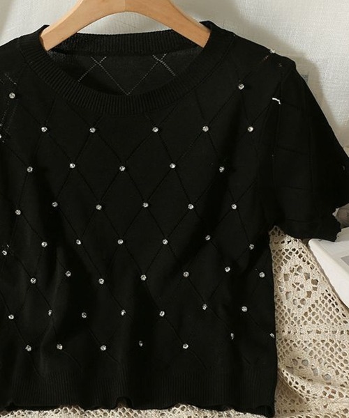 shoppinggo（ショッピングゴー）の「ラインストーン付 ニット メッシュ 半袖 ニット トップス（Tシャツ/カットソー・レディース・ブラック/ブルー/ベージュ/ピンク/ホワイト・FREE）」の9枚目の写真