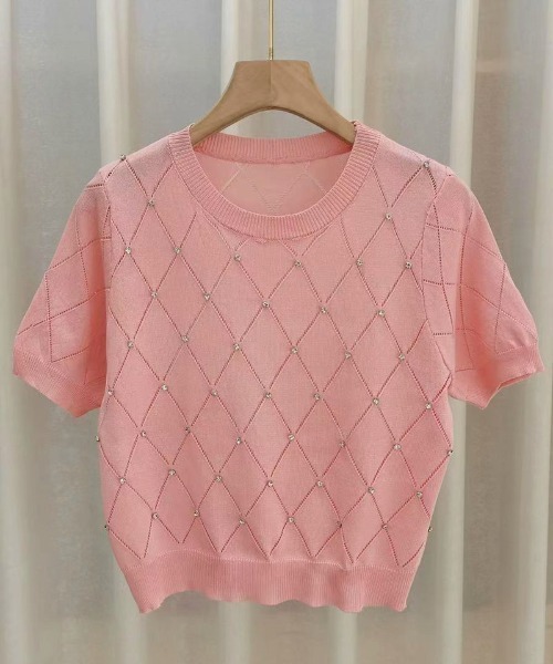 shoppinggo（ショッピングゴー）の「ラインストーン付 ニット メッシュ 半袖 ニット トップス（Tシャツ/カットソー・レディース・ブラック/ブルー/ベージュ/ピンク/ホワイト・FREE）」の10枚目の写真