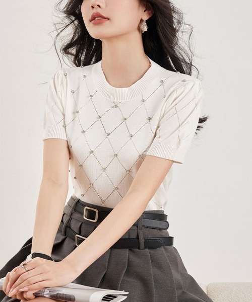 shoppinggo（ショッピングゴー）の「ラインストーン付 ニット メッシュ 半袖 ニット トップス（Tシャツ/カットソー・レディース・ブラック/ブルー/ベージュ/ピンク/ホワイト・FREE）」の11枚目の写真