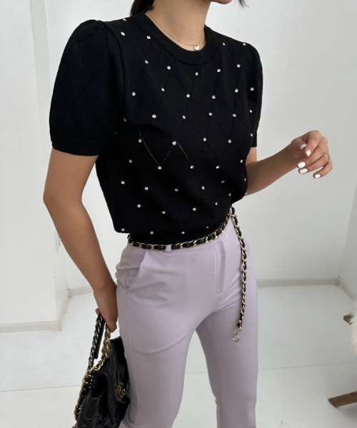 shoppinggo（ショッピングゴー）の「ラインストーン付 ニット メッシュ 半袖 ニット トップス（Tシャツ/カットソー・レディース・ブラック/ブルー/ベージュ/ピンク/ホワイト・FREE）」の12枚目の写真