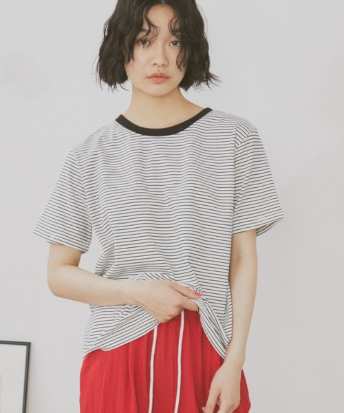 MERLOT(メルロー)の「ベーシックボーダーリンガーT(Tシャツ/カットソー・レディース・グリーン/レッド/ブラック・FREE)」の1枚目の写真