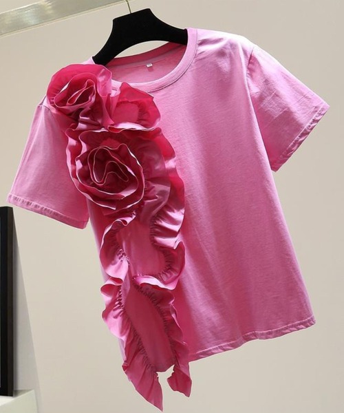 tシャツ 3Dフラワーモチーフ半袖カットソー レディース 3Dﾌﾗﾜｰﾓﾁｰﾌ半袖カットソー（Tシャツ/カットソー）｜CADBURY