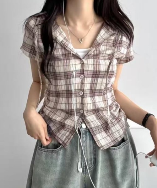 セール】ドローストリング半袖フード付きチェック柄シャツ セール】ドローストリング半袖フード付きチェック柄シャツ