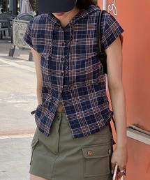 ドローストリング半袖フード付きチェック柄シャツ