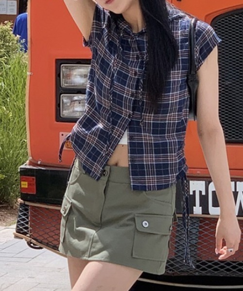 Aelina(エリナ)の「ドローストリング半袖フード付きチェック柄シャツ(シャツ/ブラウス・レディース・グリーン/ベージュ/ブルー・F)」の7枚目の写真