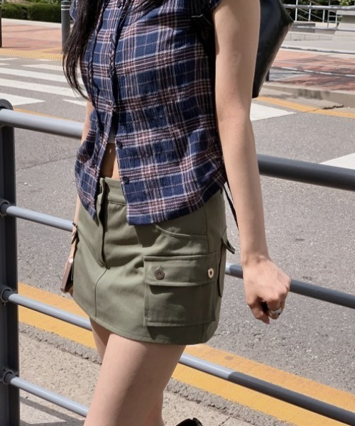 Aelina(エリナ)の「ドローストリング半袖フード付きチェック柄シャツ(シャツ/ブラウス・レディース・グリーン/ベージュ/ブルー・F)」の10枚目の写真