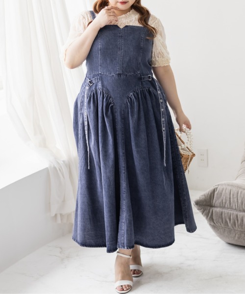CLETTE(クレット)の「サイドベルトデニムジャンスカ(ワンピース・レディース・ブルー/ネイビー・4L/3L/LL)」の4枚目の写真