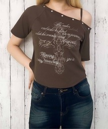 《クロス風プリント×ワンショルデザイン》レディース Tシャツ 春夏秋 スタッズ付き