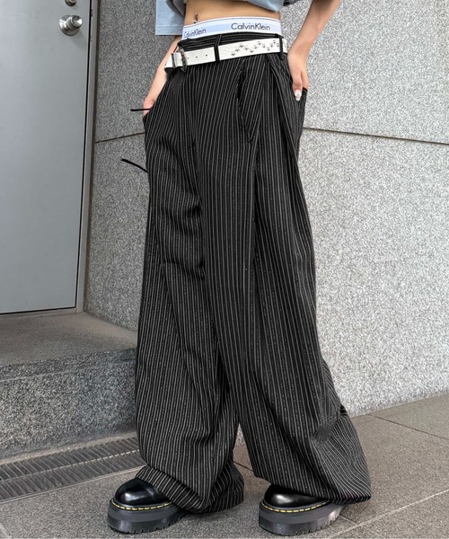 Shikitari ラメ スラックス STRIPE FLARE SLACKS【BLACK】 | SHIKITARI