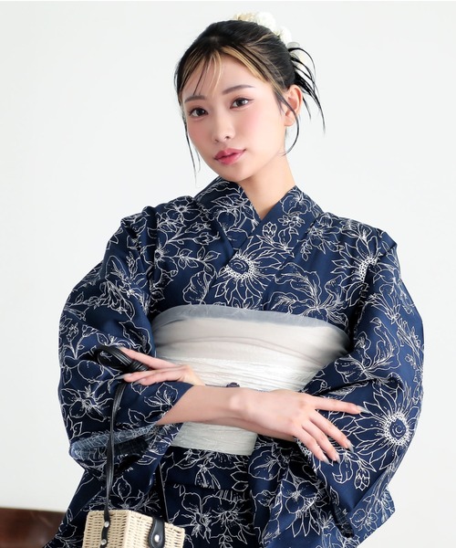 レディース　浴衣 レディース 女性浴衣 2点セット(綿浴衣+しわ兵児帯) Fサイズ シンプルライフ