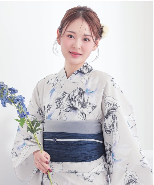 レディース　浴衣 レディース 女性浴衣 2点セット(綿浴衣+しわ兵児帯) Fサイズ シンプルライフ