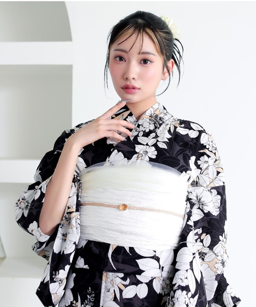 レディース　浴衣 レディース 女性浴衣 2点セット(綿浴衣+しわ兵児帯) Fサイズ シンプルライフ