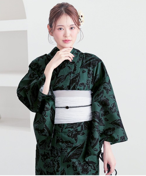 レディース　浴衣 レディース 女性浴衣 2点セット(綿浴衣+しわ兵児帯) Fサイズ シンプルライフ