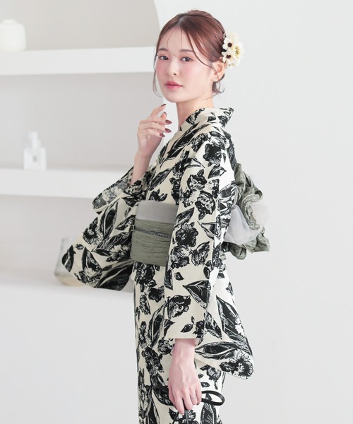 レディース　浴衣 レディース 女性浴衣 2点セット(綿浴衣+しわ兵児帯) Fサイズ シンプルライフ