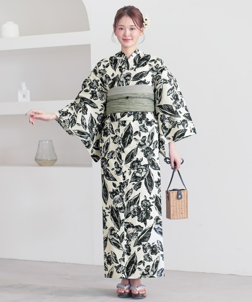 レディース　浴衣 レディース 女性浴衣 2点セット(綿浴衣+しわ兵児帯) Fサイズ シンプルライフ