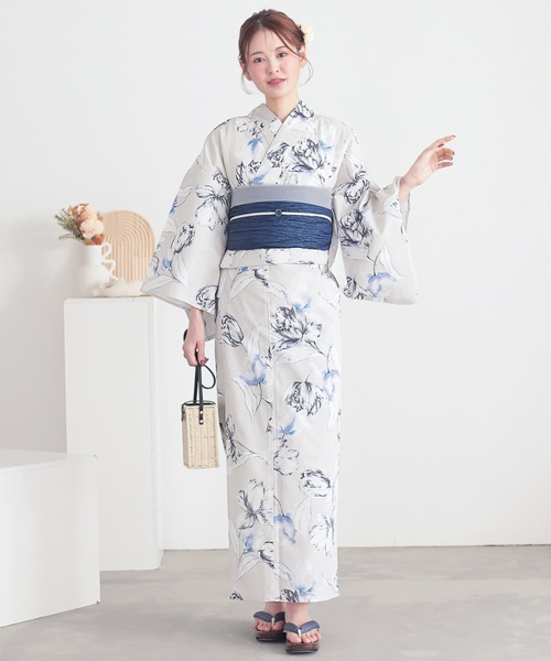 レディース　浴衣 レディース 女性浴衣 2点セット(綿浴衣+しわ兵児帯) Fサイズ シンプルライフ