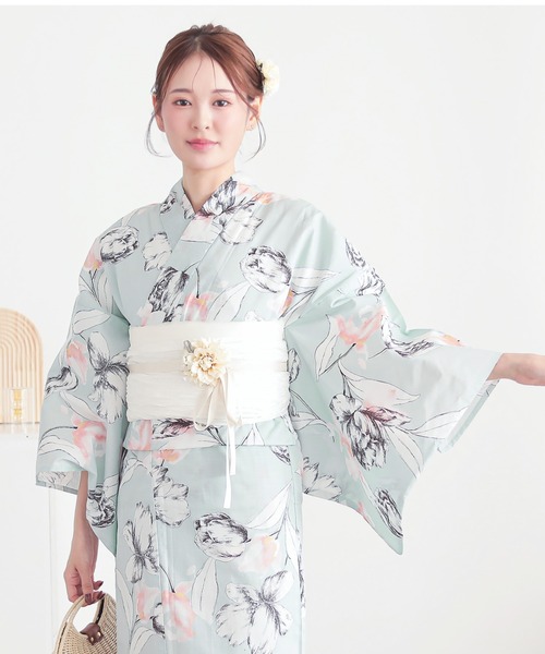 【麗しのふだんキモノ＊】奥州小紋風の浴衣　ベージュ×青　スモールサイズ　綿 麗しのふだんキモノ＊】奥州小紋風の浴衣 ベージュ×青 スモール