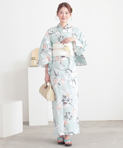 浴衣 レディース 女性浴衣 2点セット(綿浴衣+しわ兵児帯) F
