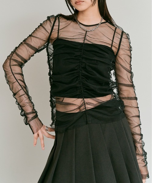 W:Huku(フーク)の「2way シャーリング シアー ロングスリーブ トップス / 2Way Shirred Sheer Top(Tシャツ/カットソー・レディース・ブラック/グレー/アイボリー・FREE)」の4枚目の写真