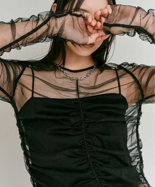 W:Huku(フーク)の「2way シャーリング シアー ロングスリーブ トップス / 2Way Shirred Sheer Top(Tシャツ/カットソー・レディース・ブラック/グレー/アイボリー・FREE)」の11枚目の写真