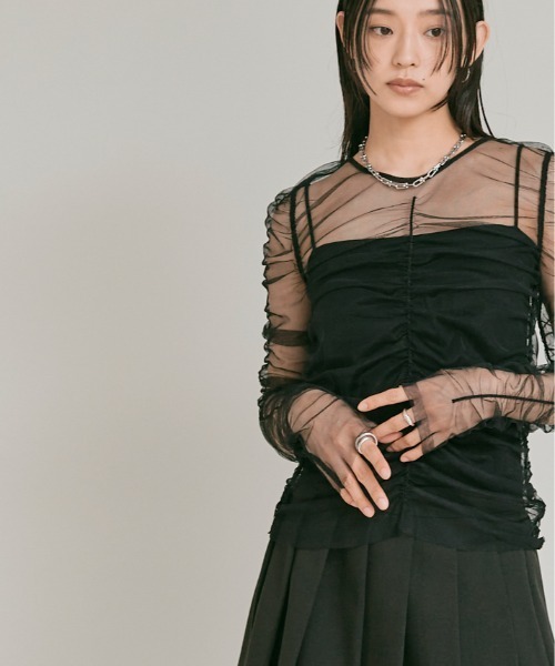 W:Huku(フーク)の「2way シャーリング シアー ロングスリーブ トップス / 2Way Shirred Sheer Top(Tシャツ/カットソー・レディース・ブラック/グレー/アイボリー・FREE)」の21枚目の写真