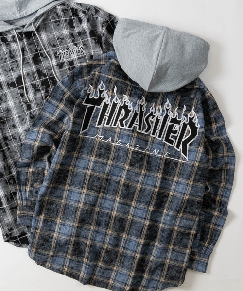 THRASHER（スラッシャー）の「【at】〔THRASHER/スラッシャー〕ヴィンテージ加工 フード付チェックシャツ（シャツ/ブラウス・メンズ・ブルー/ブラック・MEDIUM/LARGE）」の2枚目の写真