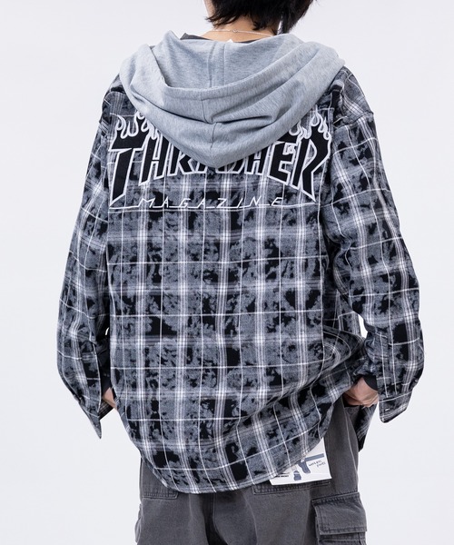 【at】〔THRASHER/スラッシャー〕ヴィンテージ加工 フード付チェックシャツ