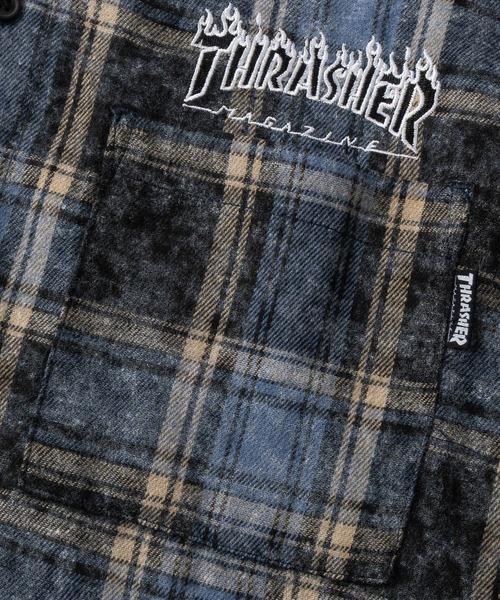 THRASHER（スラッシャー）の「【at】〔THRASHER/スラッシャー〕ヴィンテージ加工 フード付チェックシャツ（シャツ/ブラウス・メンズ・ブルー/ブラック・MEDIUM/LARGE）」の6枚目の写真