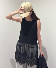 ISOOK | 【ISOOK / アイスー】 レースドッキングタンクトップ / ノースリーブ チュニック 裾レース スカラップレース バイカラー 無地 黒 グレー ブラック ZOZOTOWN限定(タンクトップ)