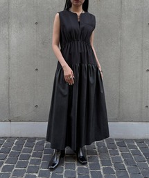 【&g'aime】レザー切替ティアードワンピース Leather-Panel Tiered Dress