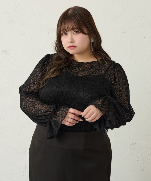Louiosy（ルオシー）の「【大きいサイズ】レーストップス+キャミソールSET（シャツ/ブラウス・レディース・ブラック/アイボリー・X-LARGE/4L/3L）」の4枚目の写真
