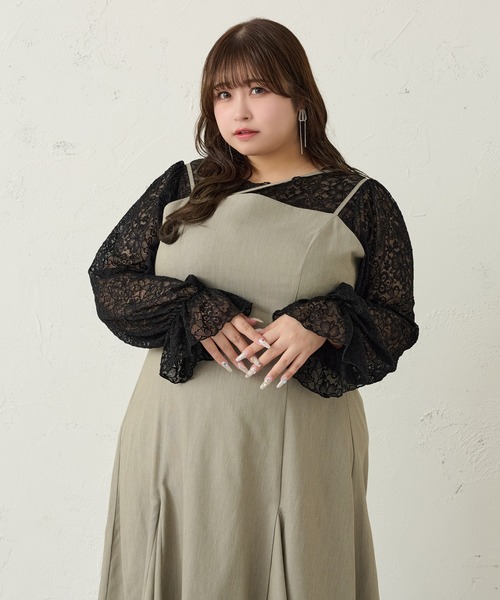 Louiosy（ルオシー）の「【大きいサイズ】レーストップス+キャミソールSET（シャツ/ブラウス・レディース・ブラック/アイボリー・X-LARGE/4L/3L）」の6枚目の写真