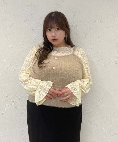 Louiosy（ルオシー）の「【大きいサイズ】レーストップス+キャミソールSET（シャツ/ブラウス・レディース・ブラック/アイボリー・X-LARGE/4L/3L）」の11枚目の写真