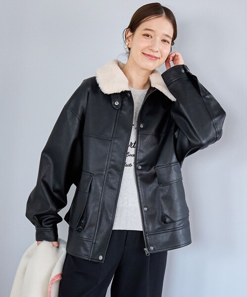 ボア襟付き黒レザージャケット セール】ボア襟付きレザーライクヴィンテージブルゾン（ブルゾン