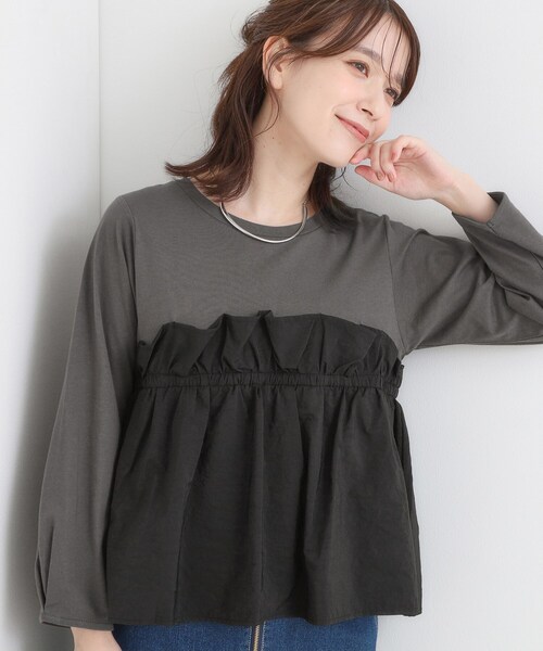 DRESKIP(ドレスキップ)の「【洗濯機可/S-LL】1枚で華やか フリルドッキングトップス(Tシャツ/カットソー・レディース・ブラウン系その他/オフホワイト/チャコールグレー・01/02/03/04)」の2枚目の写真