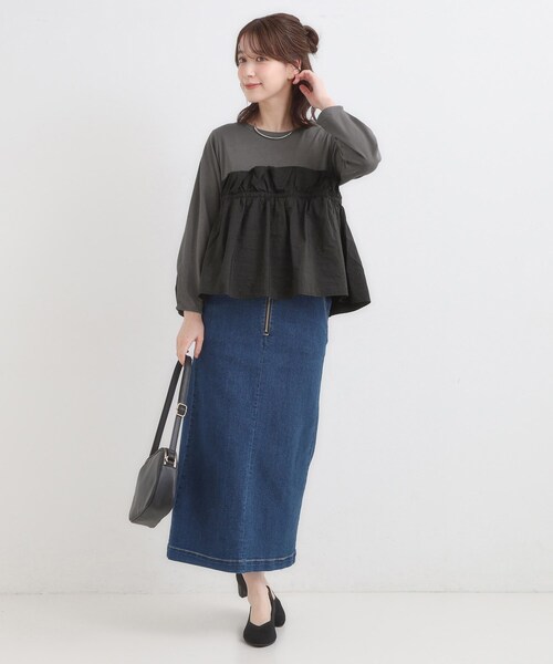 DRESKIP(ドレスキップ)の「【洗濯機可/S-LL】1枚で華やか フリルドッキングトップス(Tシャツ/カットソー・レディース・ブラウン系その他/オフホワイト/チャコールグレー・01/02/03/04)」の14枚目の写真