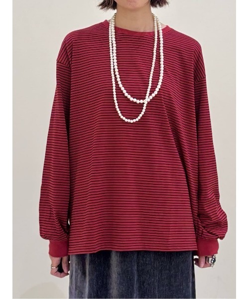 Right-on(ライトオン)の「HONEYSUCKLE ROSE(ハニーサックルローズ)【レディース】ボーダーロングスリーブTシャツ(Tシャツ/カットソー・レディース・ブラック×レッド/ホワイト×ブラック/ブラック×ホワイト・S/L/M)」の19枚目の写真