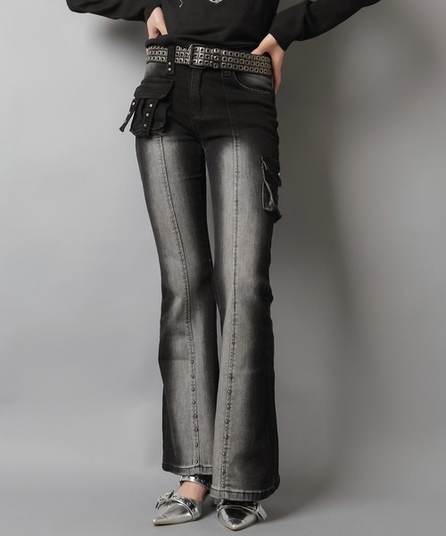 セール】スタッズ付きデニムフレアパンツ/2ポケット/平成ギャル