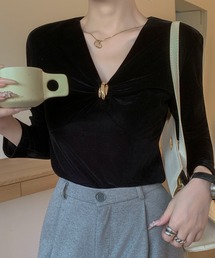 Vネック ドレープデザイン ゴールドリングモチーフベロア長袖トップス 結婚式 セレモニー