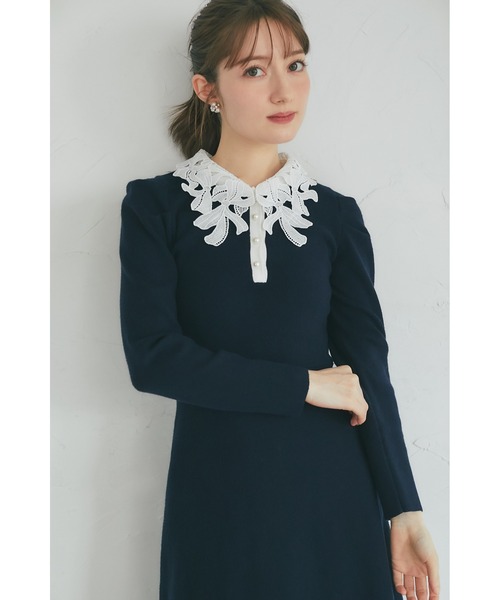 2WAYリボンレース襟付きパール釦ニットワンピース（ワンピース