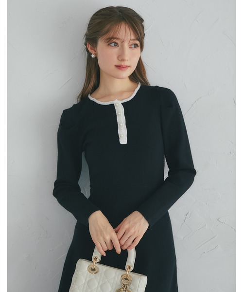 2WAYリボンレース襟付きパール釦ニットワンピース（ワンピース