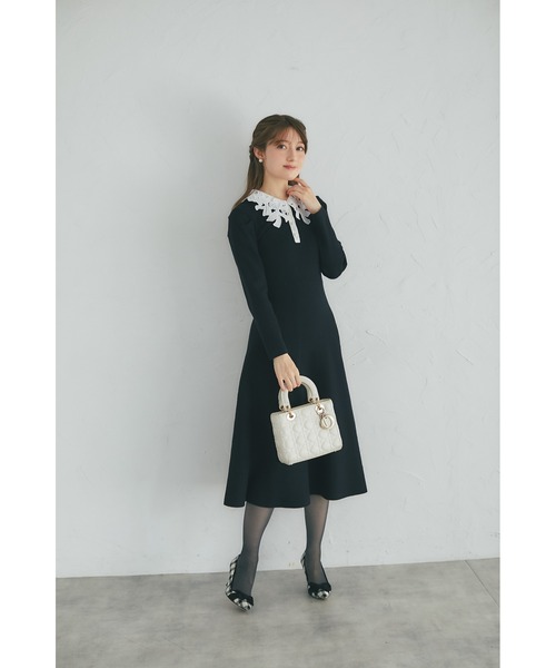 2WAYリボンレース襟付きパール釦ニットワンピース（ワンピース