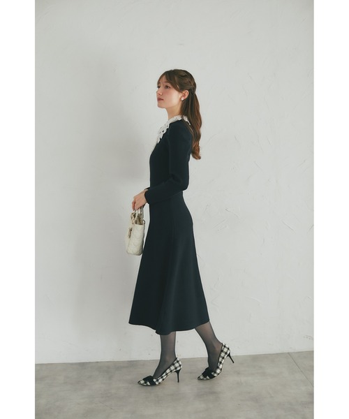 2WAYリボンレース襟付きパール釦ニットワンピース（ワンピース