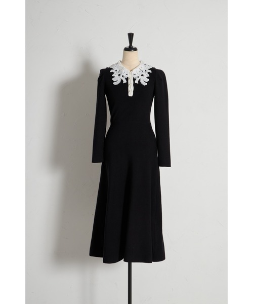 2WAYリボンレース襟付きパール釦ニットワンピース（ワンピース