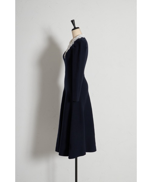 2WAYリボンレース襟付きパール釦ニットワンピース（ワンピース